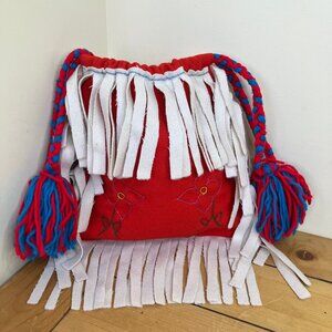 Red Felt Drawstring Bag with Embroidered Floral Design Indigenous Folk Art